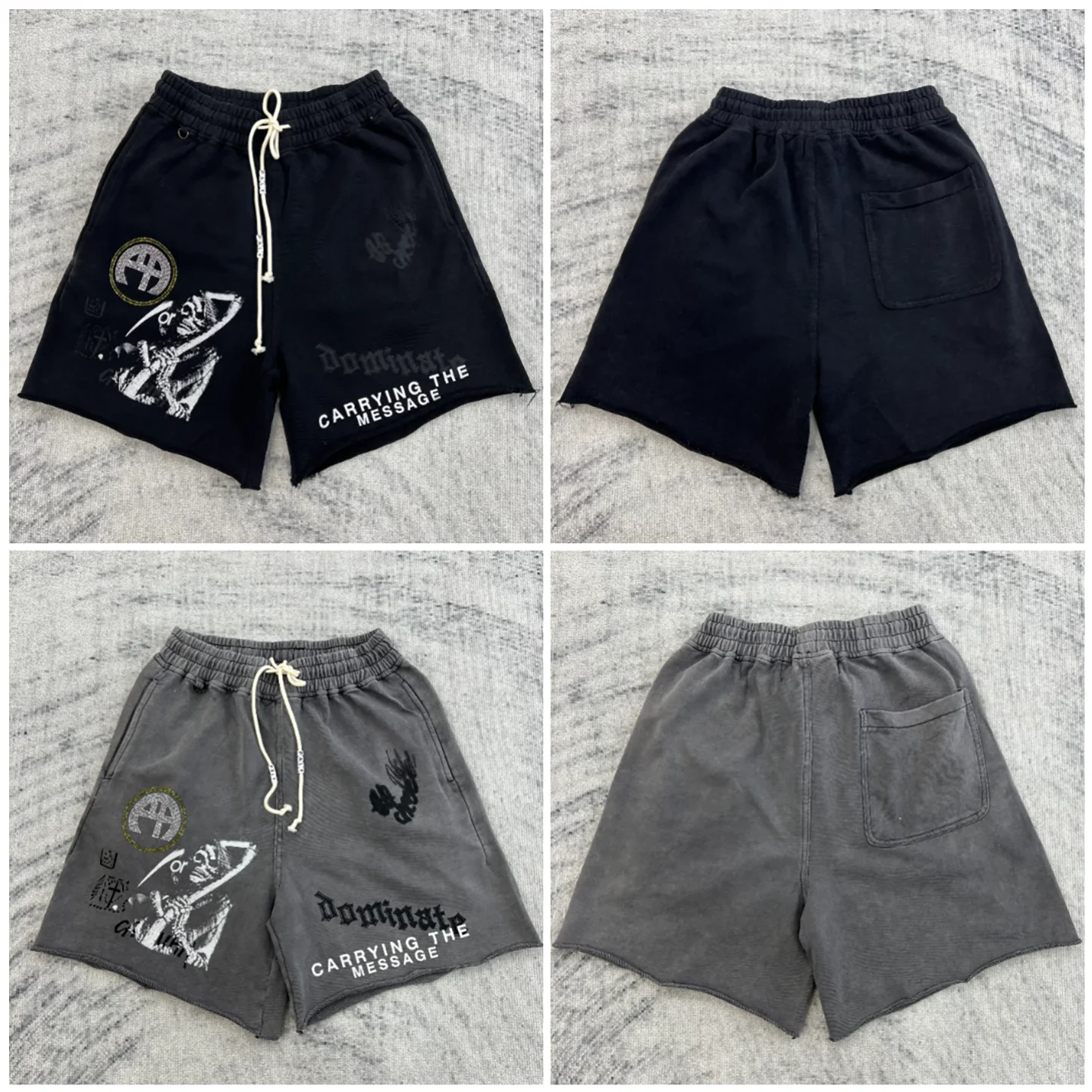 Retro American Street Style Distressed Rhinestone Devil Print Loose Cuff Casual Shorts Trendy Cotton Pants for Men