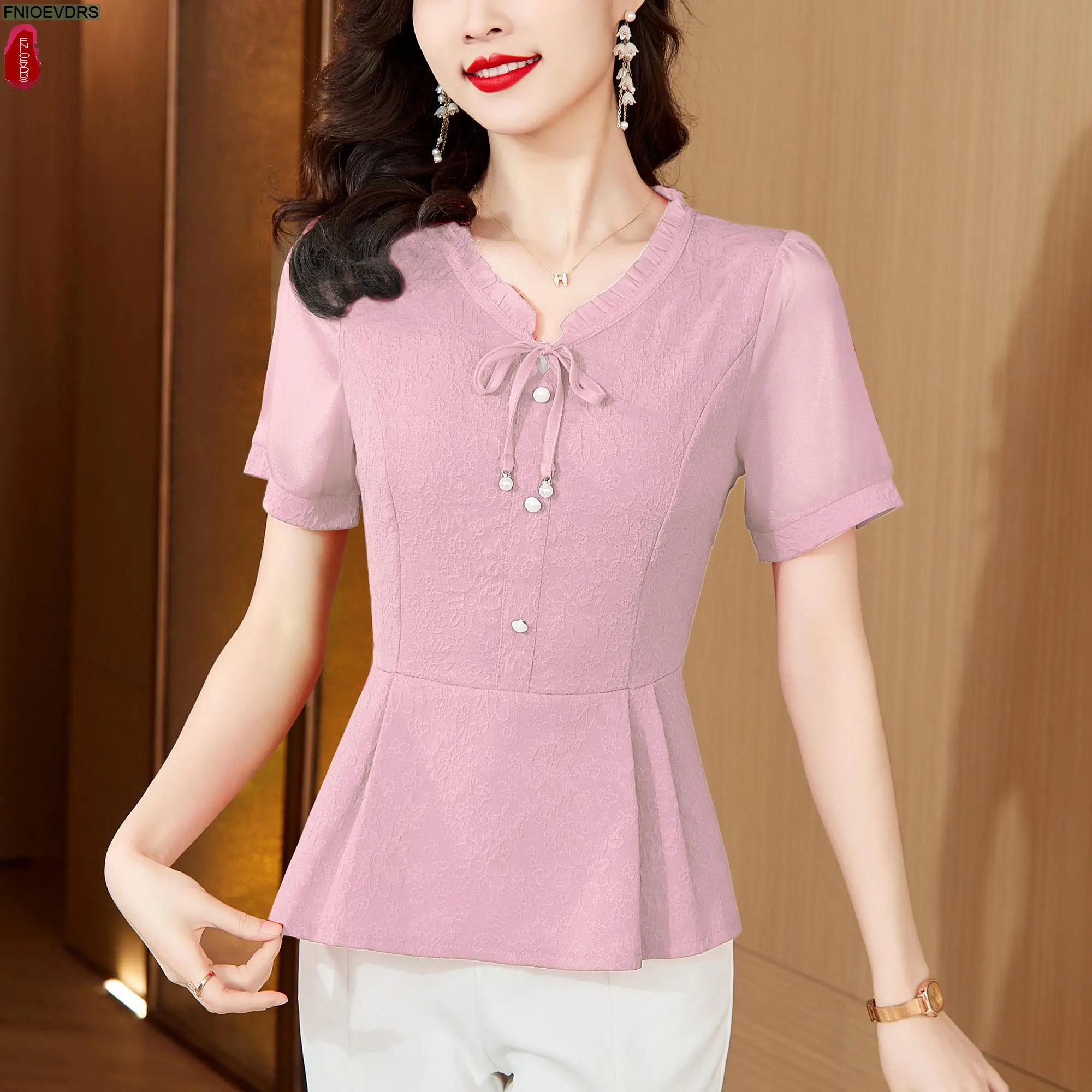 M-5XL Fashion 2024 Women Summer Short Sleeve Elegant Ruffles Shirts Casual Retro Bow Tie Tunic Peplum Tops And Blouses