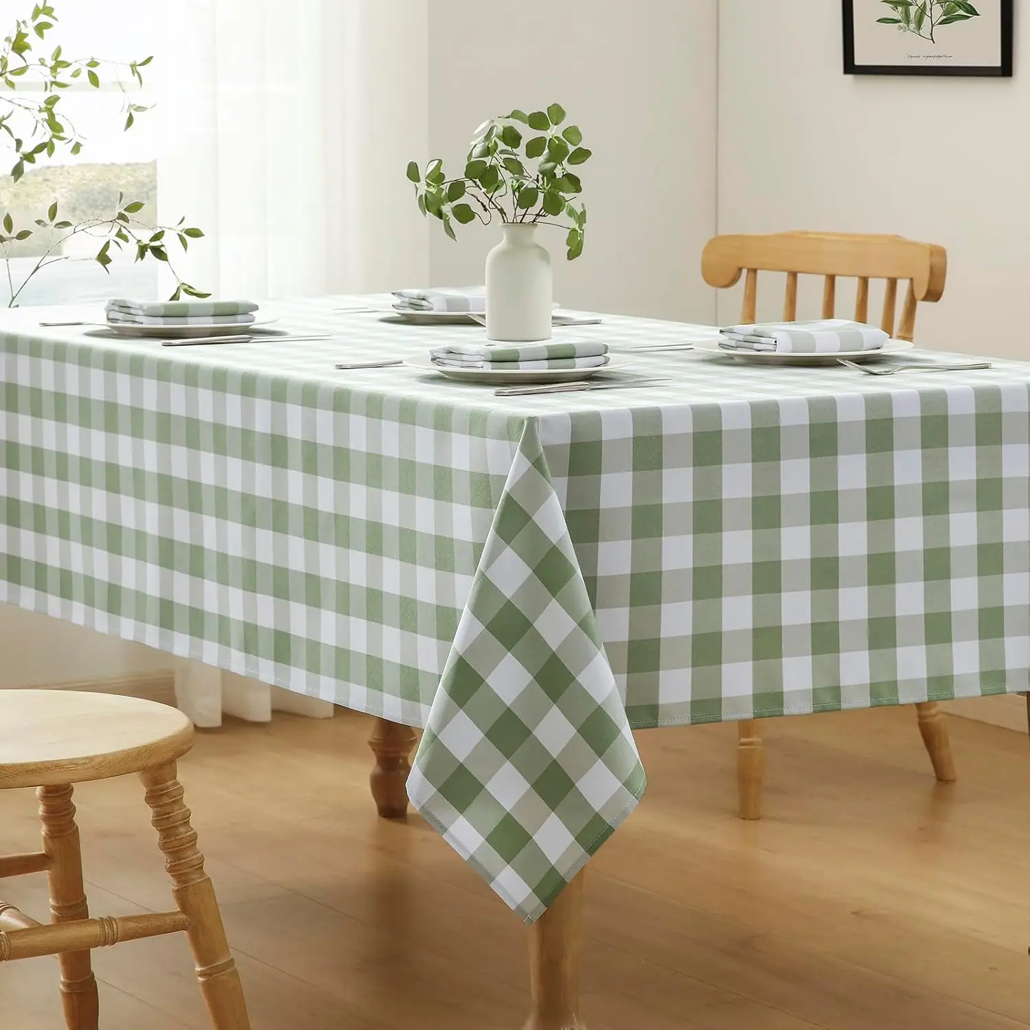 Sage Green White Checkered Waterproof Tablecloth Washable Buffalo Plaid Polyester Table Cloths Holiday Party Kitchen Table Decor