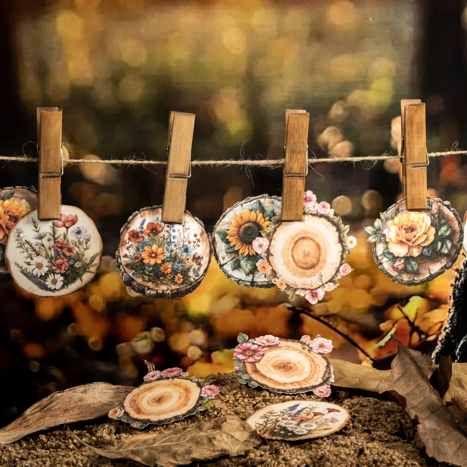 Naklejki z motywem drewna, serii czasowej, kwiatów vintage, kmena drzewa, rocznikowe, okrągłe, krajobrazowe, kreatywne DIY, materiał do dziennika, kolaż, artykuły papiernicze.