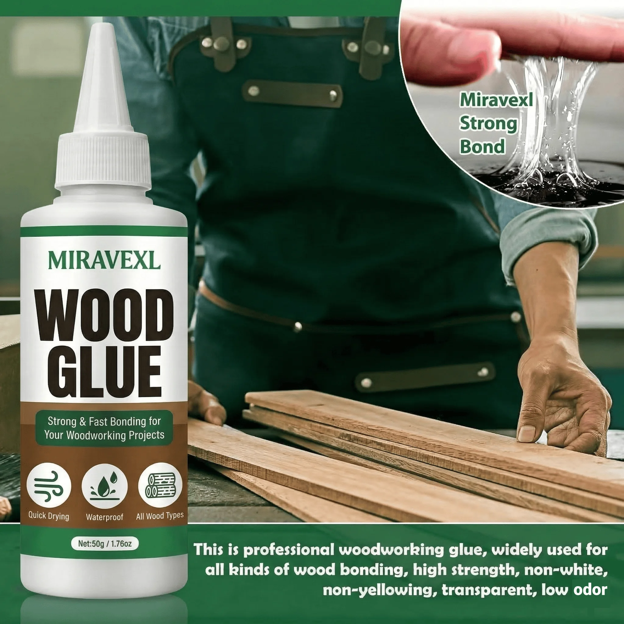 MIRAVEXL 50g Fast Dry Wood Glue Strong Adhesive for Professional Carpenter Furniture Repair Woodworking DIY Projects view 2