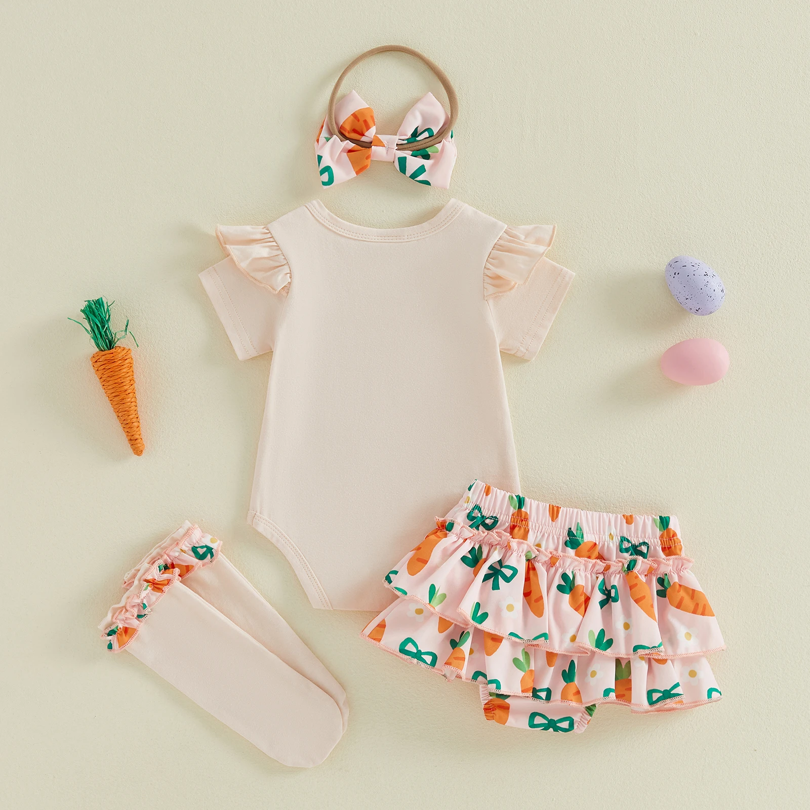 Baby Girl Easter Outfit Short Sleeve Letters Romper with Carrot/Bunny Shorts Bow Headband Socks Cute Baby Easter Costume view 4