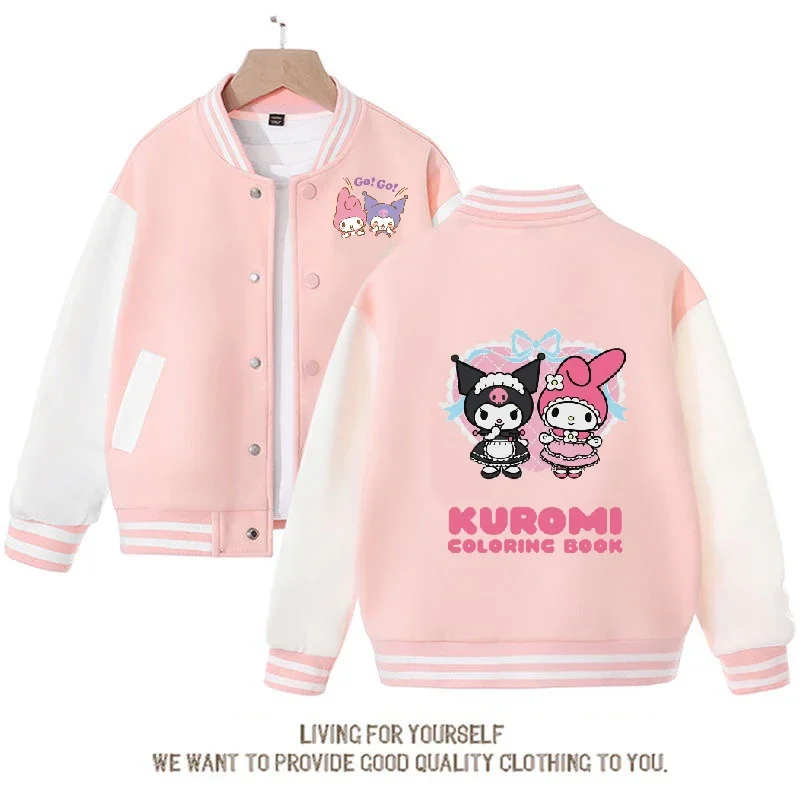 Anime Sanrio Kuromi Cinnamoroll Hello Kitty casaco de beisebol para crianças, jaqueta esportiva solta dos desenhos animados, roupas fofas para pais e filhos, presente