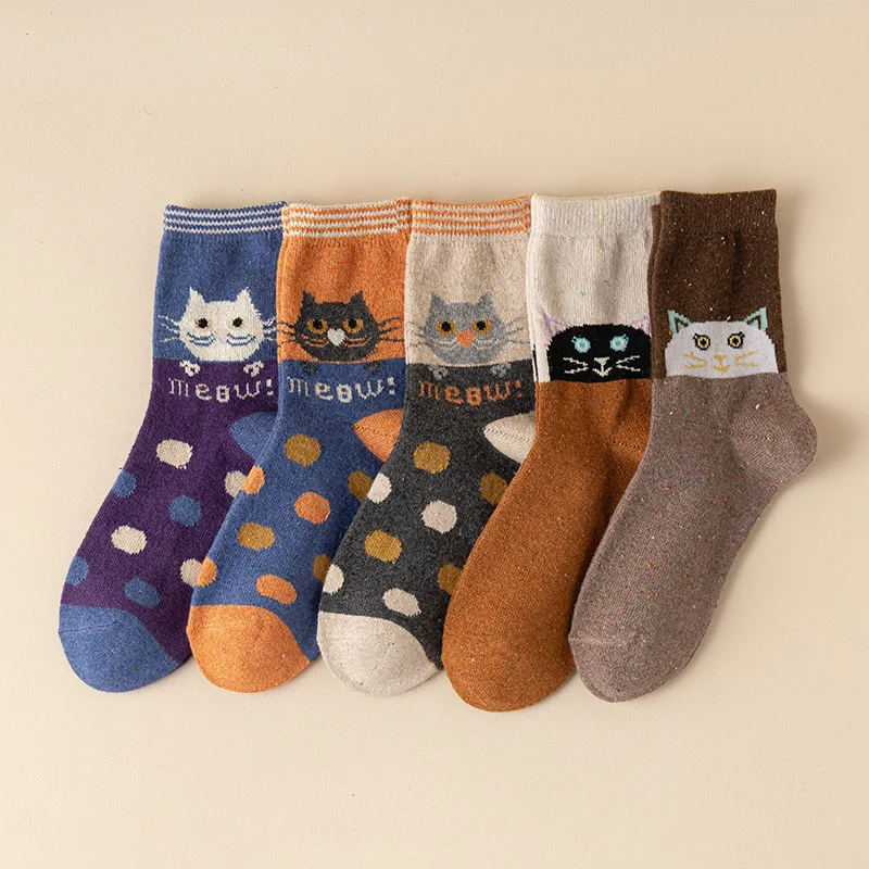 5 Pairs Women's Socks Set Cute Cartoon Dot Yarn Cat Thickened Warm Wool Sock Fashion Funny Versatile Socks For Ideal Choice Gift