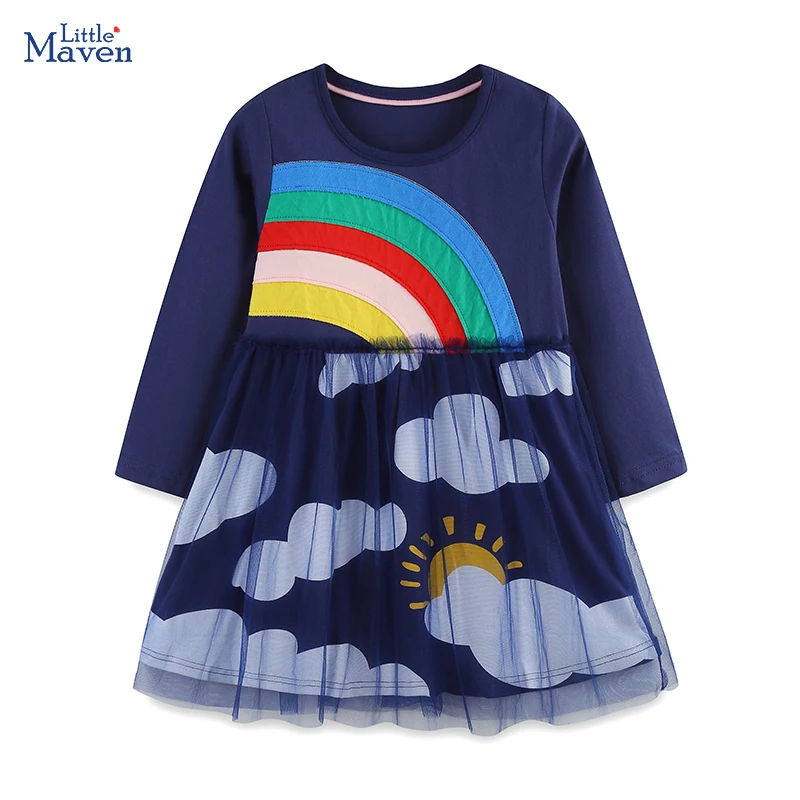 

Little maven Baby Girls New Autumn Spring Cartoon Rainbow Clouds Mesh Dress for Girl Clothes Cotton Kids Long Sleeve Dresses