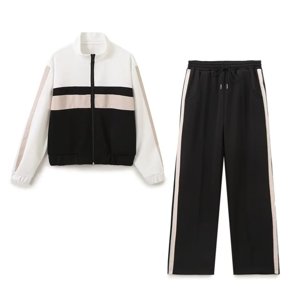 2024 Autumn New Women\'s Fashion Casual Side Striped Strip with Decorative Zipper Pilot Jacket, High Waist Wide Leg Pants Set