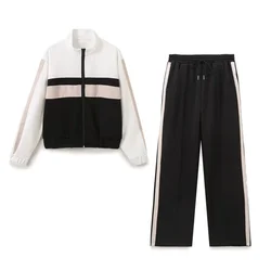 2024 Autumn New Women's Fashion Casual Side Striped Strip with Decorative Zipper Pilot Jacket, High Waist Wide Leg Pants Set