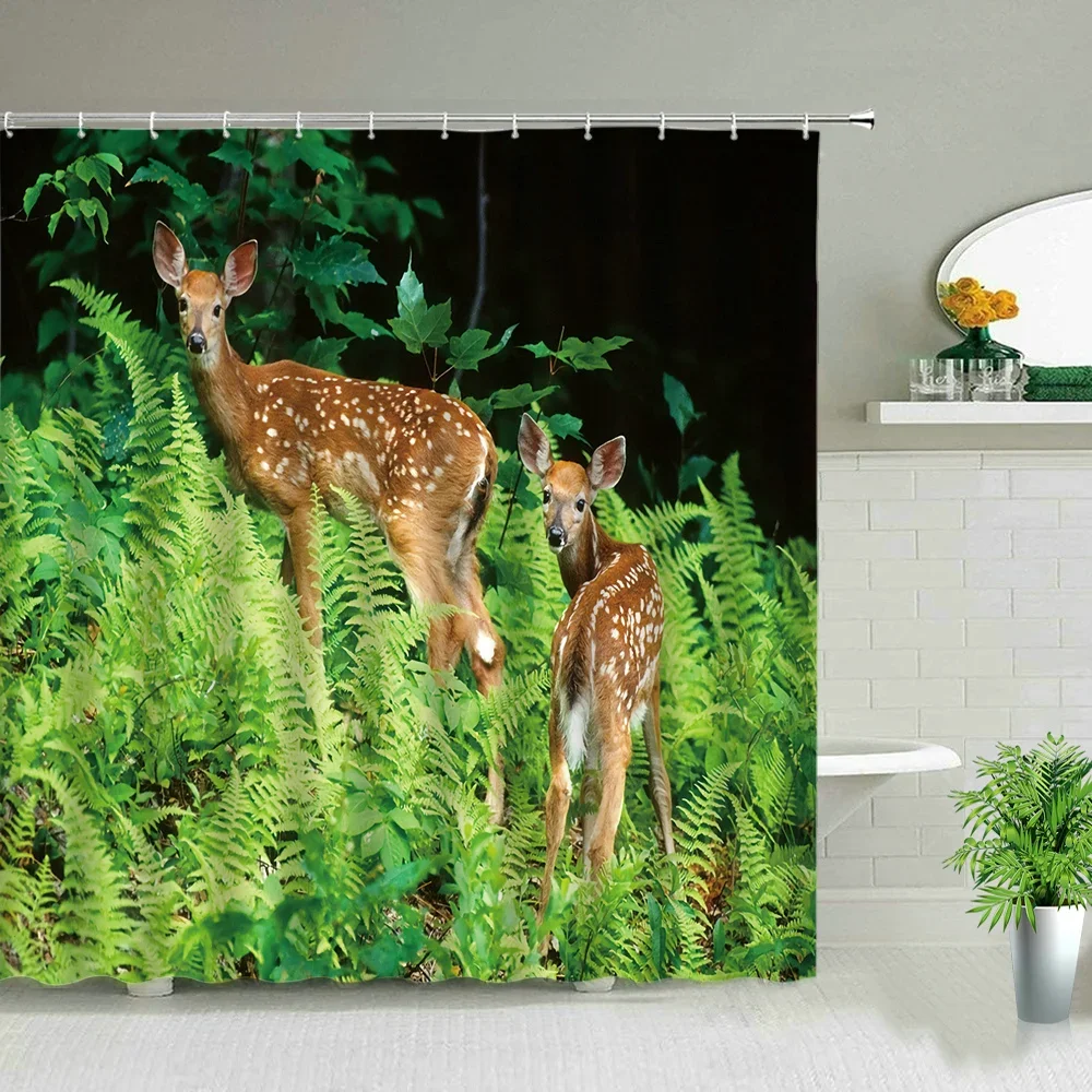 Winter Landscape Woods Deer Shower Curtains Elk Animal Print Bathroom Decor Bathtub Partition Bath Curtain Waterproof Fabric