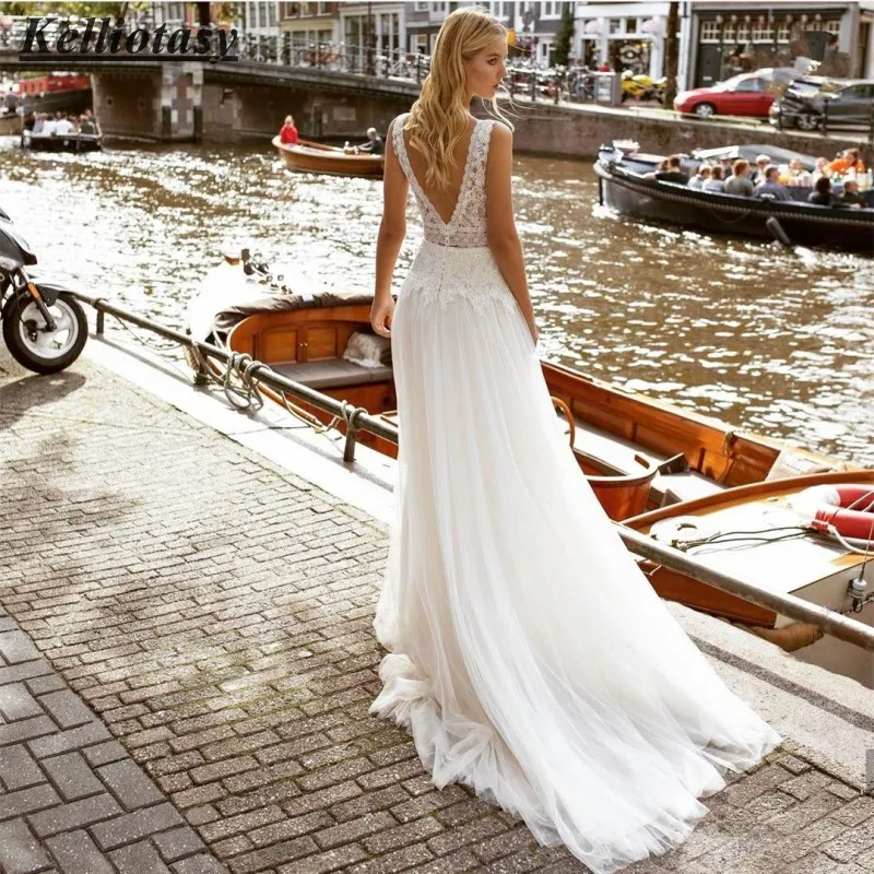 Vestido de novia de gasa con cuello en V doble para mujer, vestido de novia de playa asequible, talla grande