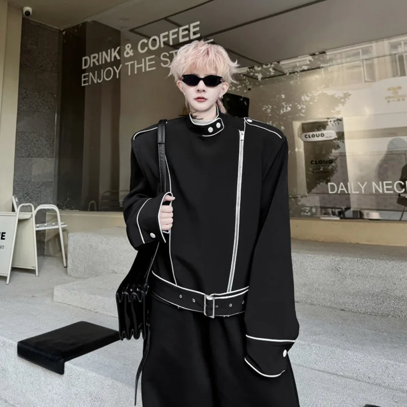 WVGA New Men Tide Spring Autumn Solid Color Stand Collar Contrast Trim Trendy Jackets Niche Chic Casual Long Sleeve Coats W18593