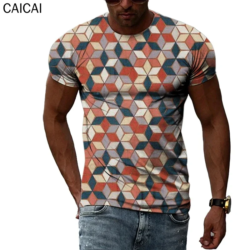 

Simple and fashionable checkered T-shirt for men, sketching and splicing cube pattern T-shirt, 3D printed men's and women's T-sh