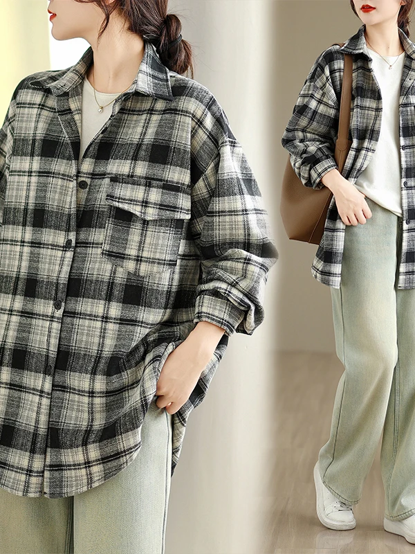 فضفاض طويل Sve عادية irt زر واحد منقوشة المرأة وصول جديد 2025 موسم الخريف مريحة تناسب سترة مفتوحة Sle #4