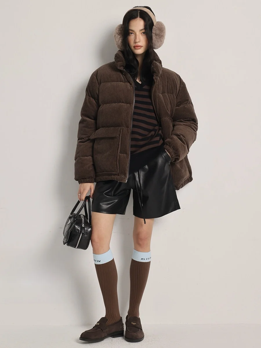 

Deessesicile Retro Brown Corduroy down Jacket Simple Bread Style Women's Puffer Coat Warmth Outdoor Long Sleeve Zipper Closure