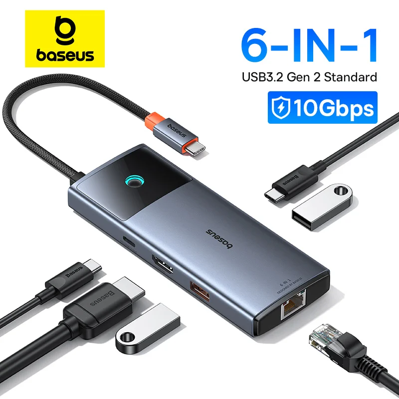 Baseus USB C HUB HDMI 4K 60Hz Adapter 6-w-1 Szybki Rozdzielacz USB 3.2 10Gbps Typ C PD100W z RJ45 do Laptopa Macbook Pro Air Hub