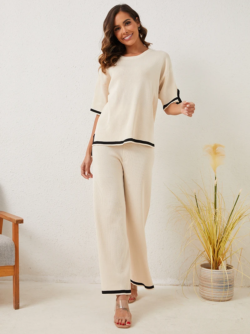 

2 Piece Summer Women Knitted Suit Casual Loungewear Tracksuit Slit Pant Matching Sets Short Sleeve Knit Two Piece Set Woman 2024