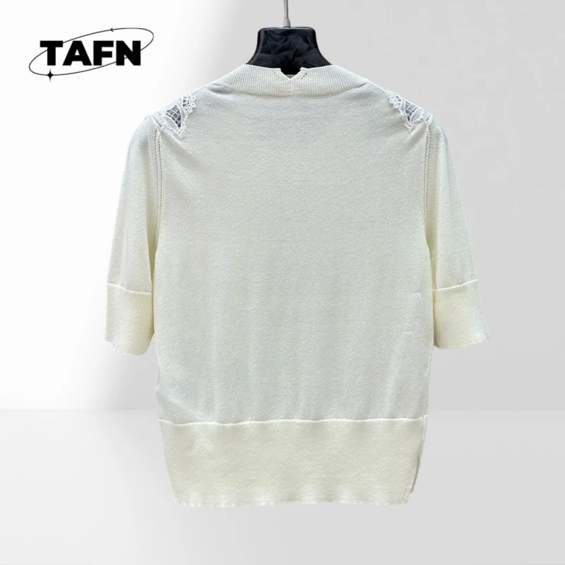 Luksusowa kaszmirowa bluzka bankietowa z koronką, krótkim rękawem, wzorem kwiatowym, dzianinowa odzież damska, 75% wełna, 25% prawdziwej jedwabiu, elegancka A25366