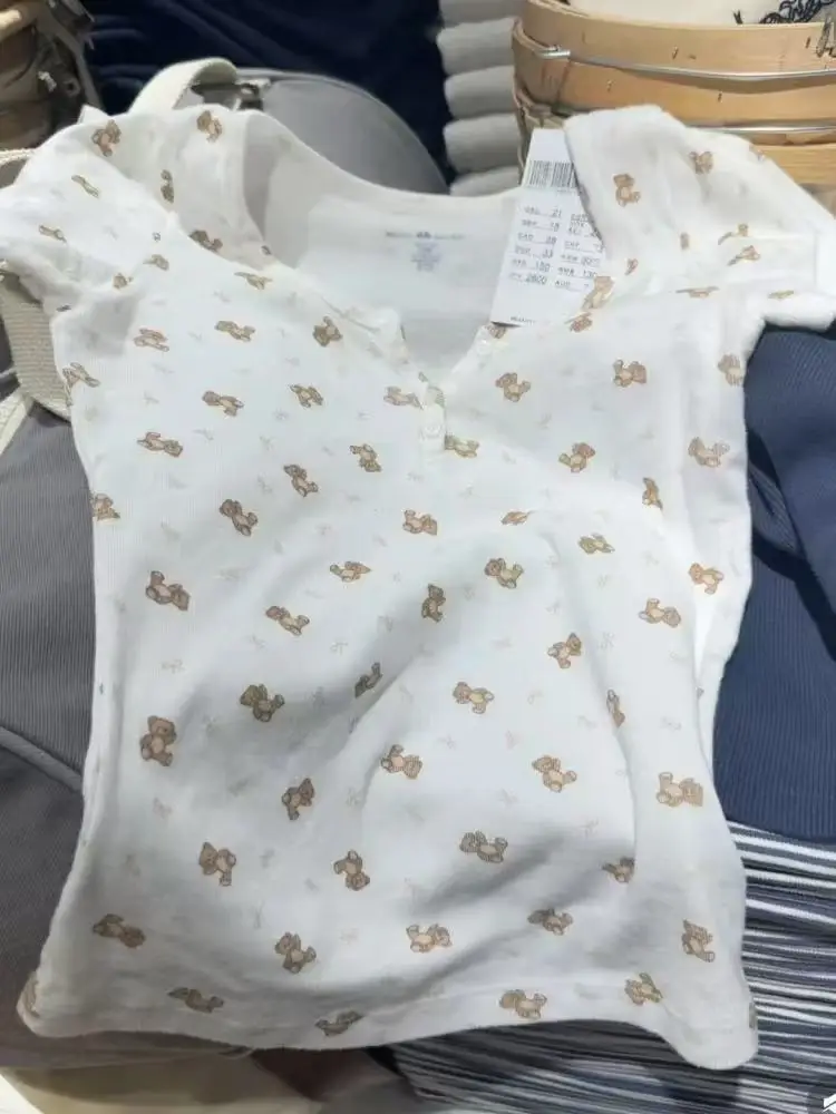 

Cute Little Bear Bow Print Buttons T-shirt Woman New Casual O-neck Short Sleeve Cotton Tee Shirts Sweet Vintage Tshirt Y2k Tops