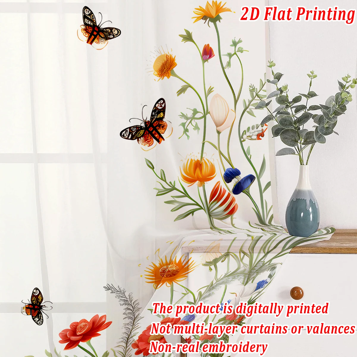 ستارة شفافة بطباعة مسطحة على شكل فراشة، قماش خفيف، لغرفة المعيشة وغرفة النوم وباب المنزل ونافذة الديكور