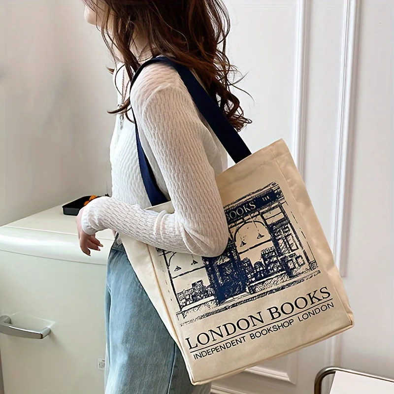 Große London Bookstore Canvas-Tragetasche, stilvolle Damen-Schultertasche im Literatur-Stil, ideal für Buchliebhaber, Studenten und den täglichen Einkauf. – Detail 1