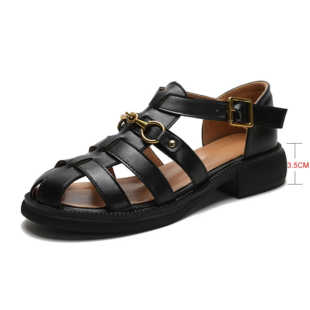 Flat Sandals Women 2024 Summer Retro Metal Chain Closed Toe Ladies Roman Flat Sandals Large-Sized Buckle Strap Gladiator Sandals