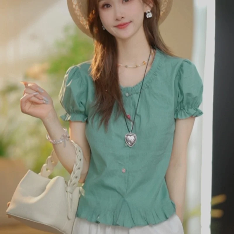 

Summer Women's Short Sleeve Shirt Waist Cinch round Neck Button Color Block Wood Grain All Match Open Cardigan Top