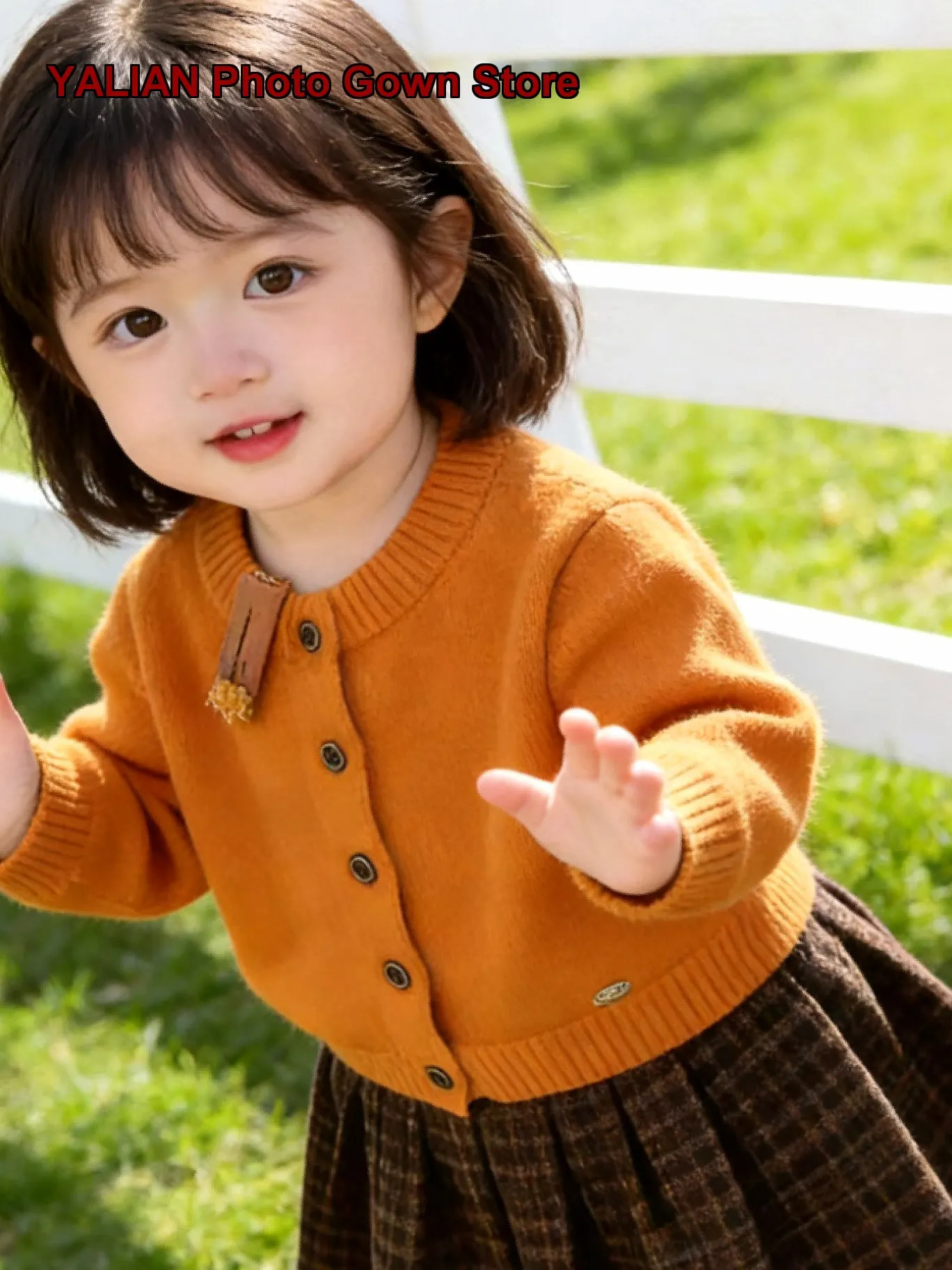 Infant Orange Knit Spring Autumn Round Neck Knit Gray Plaid Long Sleeves Little Kids Girls