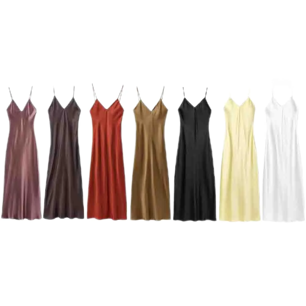

Ladies' New Fashion Solid Slim Underwear Style Satin Texture suspender Midi Dress Retro Sleeveless Women's Dress