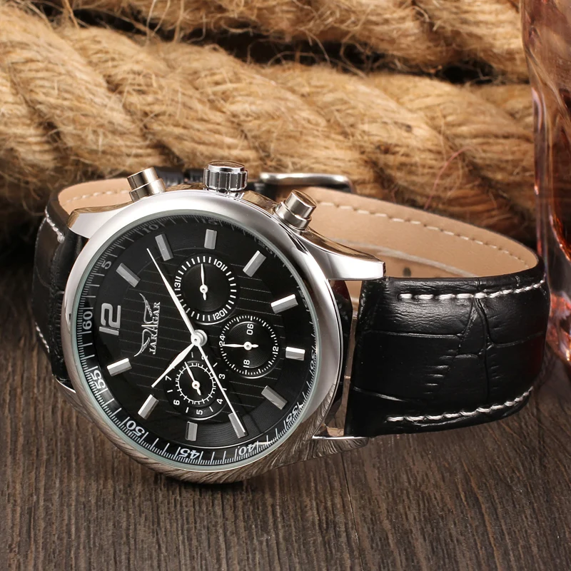 JARAGAR Classic Men\'s Watch Automatic Mechanical Self-Wind Day Date 24 Hour Genuine Leather Strap Business Wristwatch Male Clock