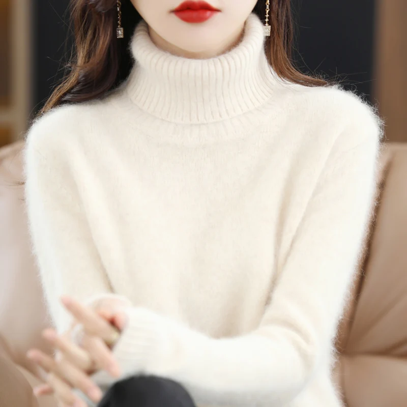 Autumn and winter new sweaters ladies thick 100% pure mink velvet solid color high collar long sleeve fashion split sweater