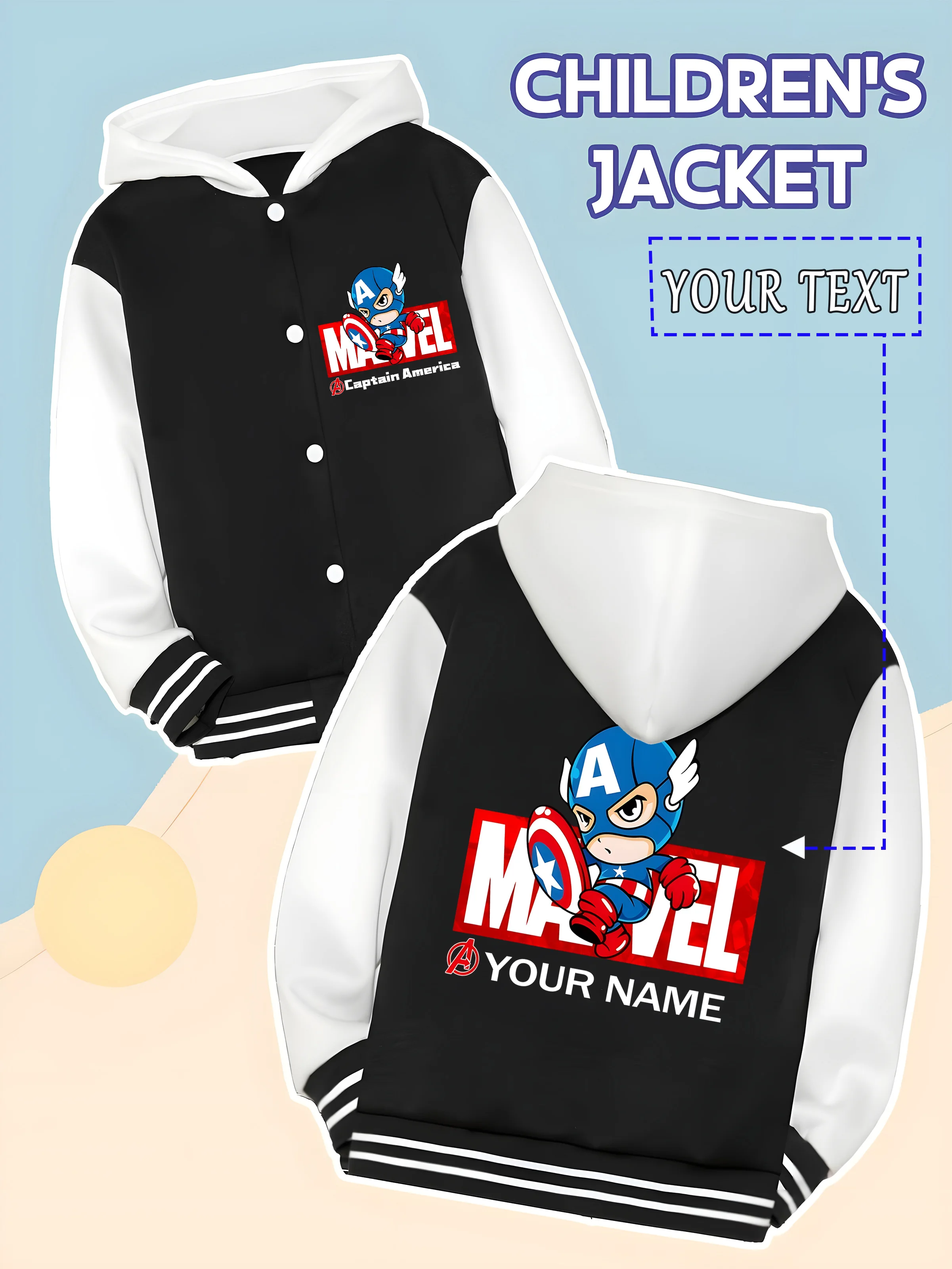 

MINISO Marvel Boys Baseball Jacket - Captain America Q version of the vibrant print, cute and exciting, perfect for school sport
