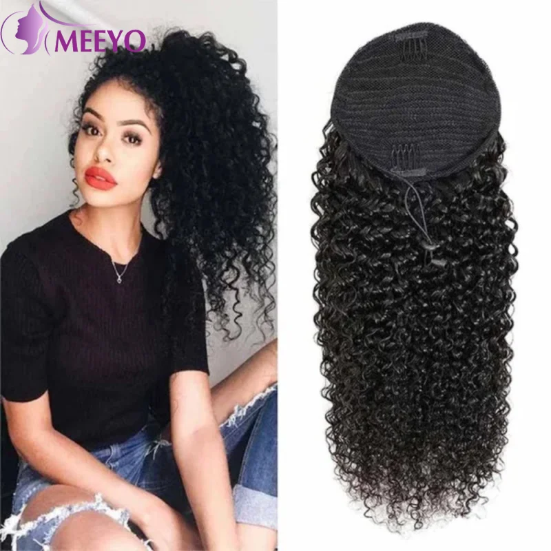 Onda Profunda Caudas De Cavalo Do Cabelo Humano, Onda De Água, Extensões De Cordão, Hairpiece Preto Natural, Clipe No Rabo De Cavalo, 14-26 em