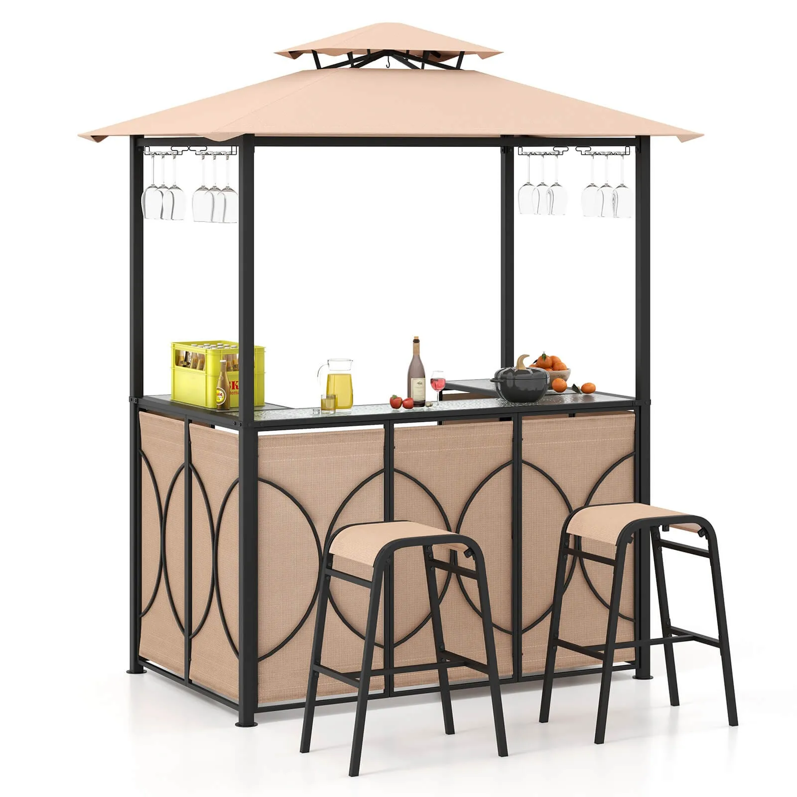 

3 PCS Patio Bar Set w/ Tempered Glass Bar Table Metal Storage Shelves for Garden