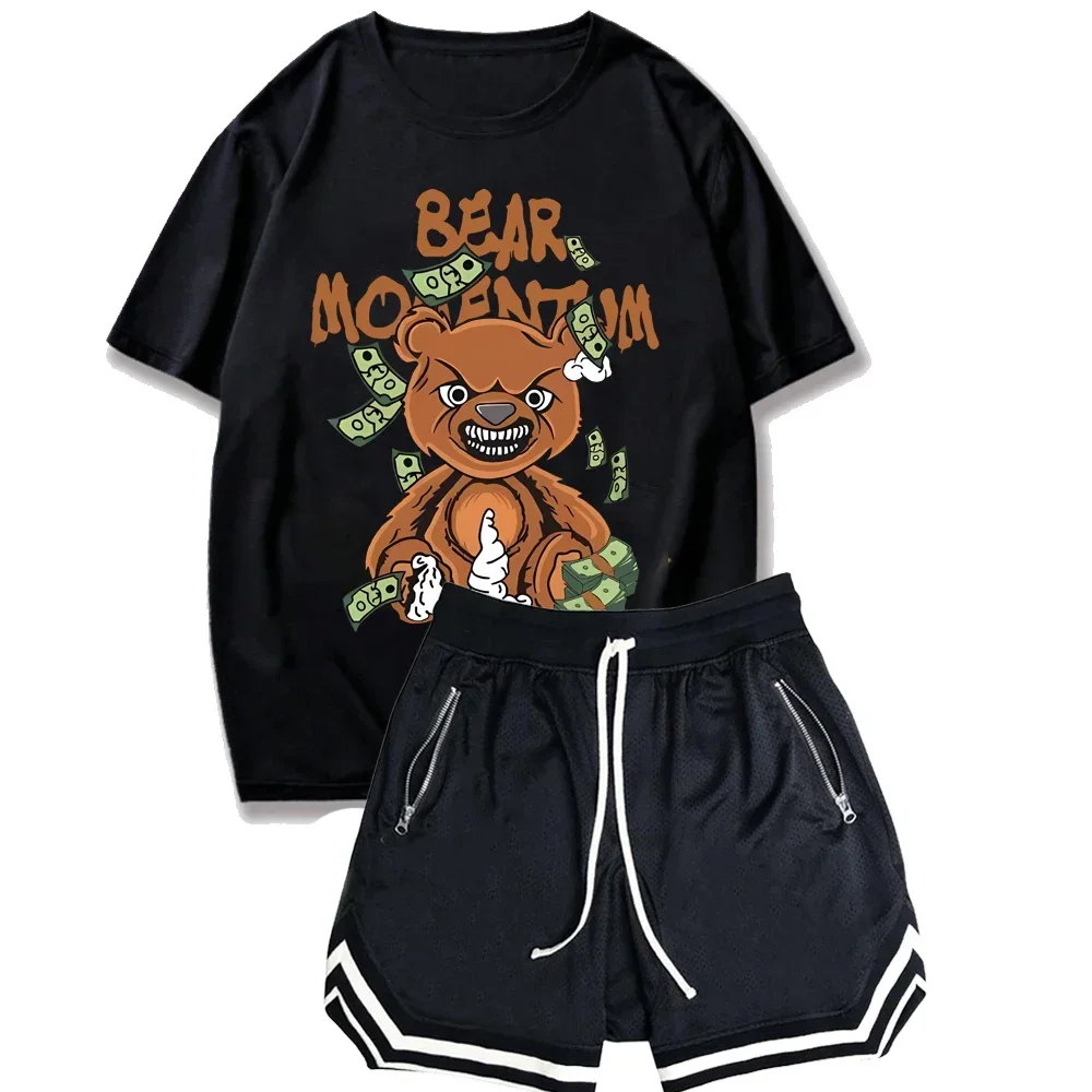 Funny Bear Printed T Shirt Men T-shirt Shorts Set Summer Fashion Casual Basketball Suit Shorts Hip Hop Streetwear Outdoor Tops