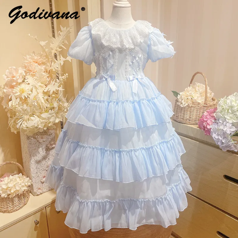 Sweet Girls Lolita Princess Dress Kids Summer Puff Sleeve Lace Collar Bow Mesh Layered Dresses Birthday Party Flower Girl Gown