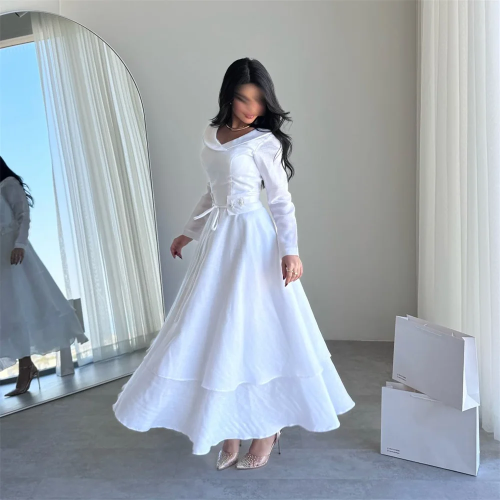 ROYET Eenvoudige V-hals Lange Mouw Witte Lange A-lijn Formele Avondjurk Enkellange Klassieke Prom Gown Aangepaste Nieuwe 2025