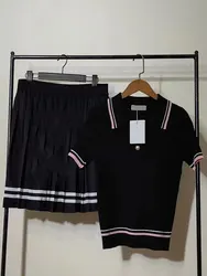 Vintage striped lapel sweater short sleeve T-shirt two-piece 2024 summer women's new + high-waisted pleated skirt fashion set