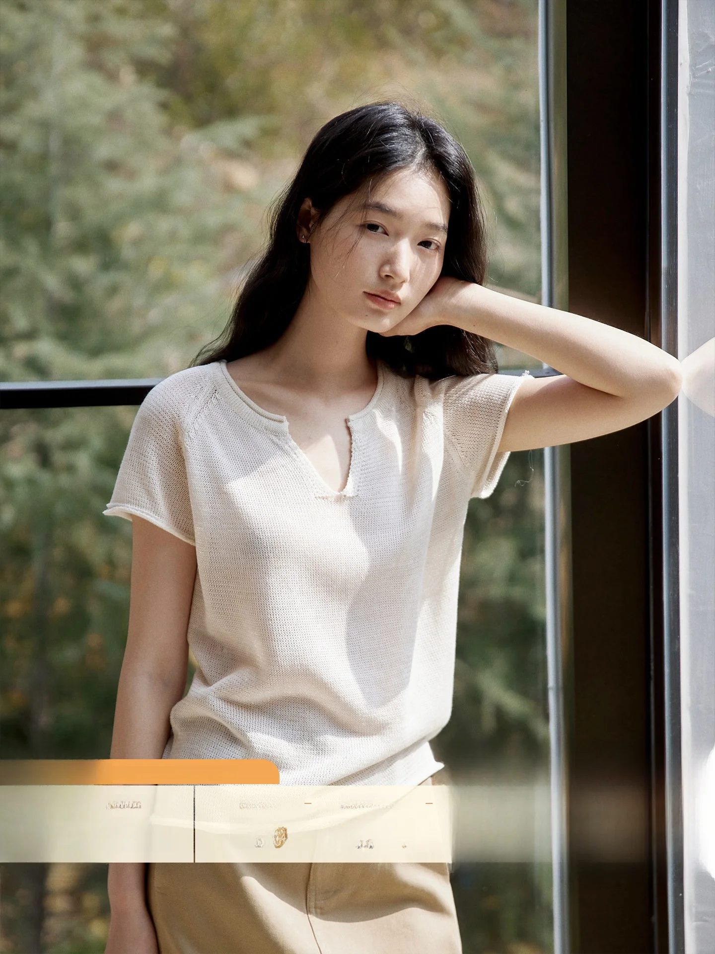 

GINNKEE Linen V-Neck Short Sleeve Knitted Shirt Women's Casual Loose Fit Breathable Comfortable Blend Summer Top