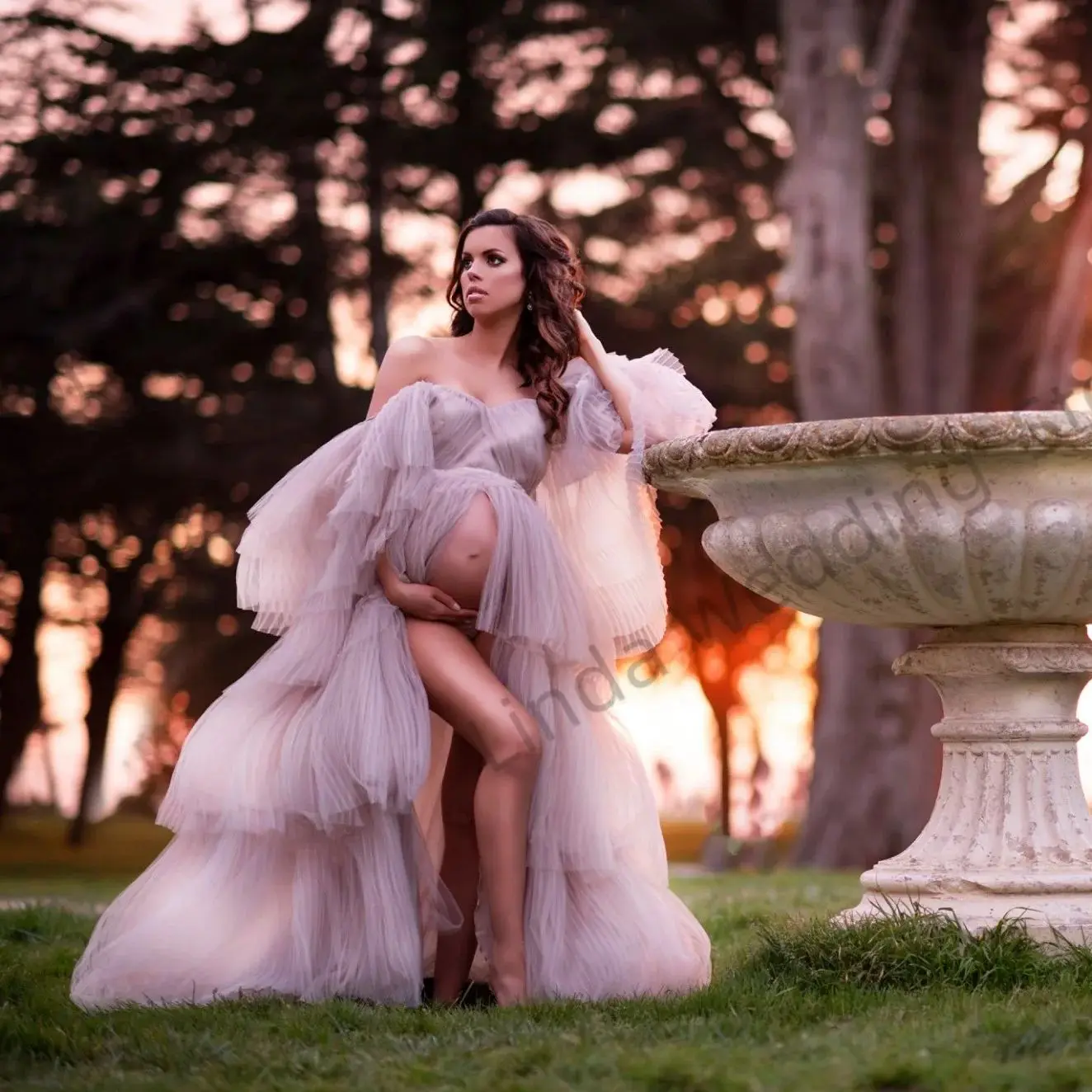 Vestido de maternidad gris Vintage para fotografía, accesorios para sesión de fotos de embarazadas escalonados con hombros descubiertos, batas de Babyshower con abertura personalizada