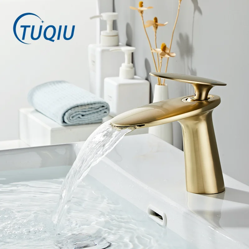 

Brushed Gold Basin Faucet Solid Brass Rose Gold Bathroom Faucet Cold Hot Waterfall Mixer Sink Tap Deck Mounted Gold Tap