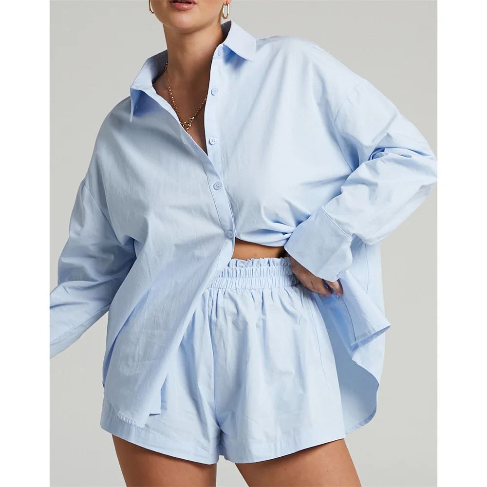 

Summer Lady Office High Waist Cotton Shirt Women Turn Down Collar Long Sleeve Tops and Shorts Suit Cotton Casual Two Piece Sets