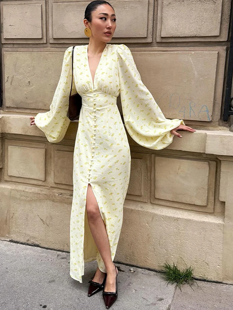 Seksowna Sukienka z Nadrukiem Dekolt V Damska Uliczna Jednorzędowa Bufiaste Długie Rękawy Długie Sukienki Damskie Lato Jesień 2025 Szaty Damskie