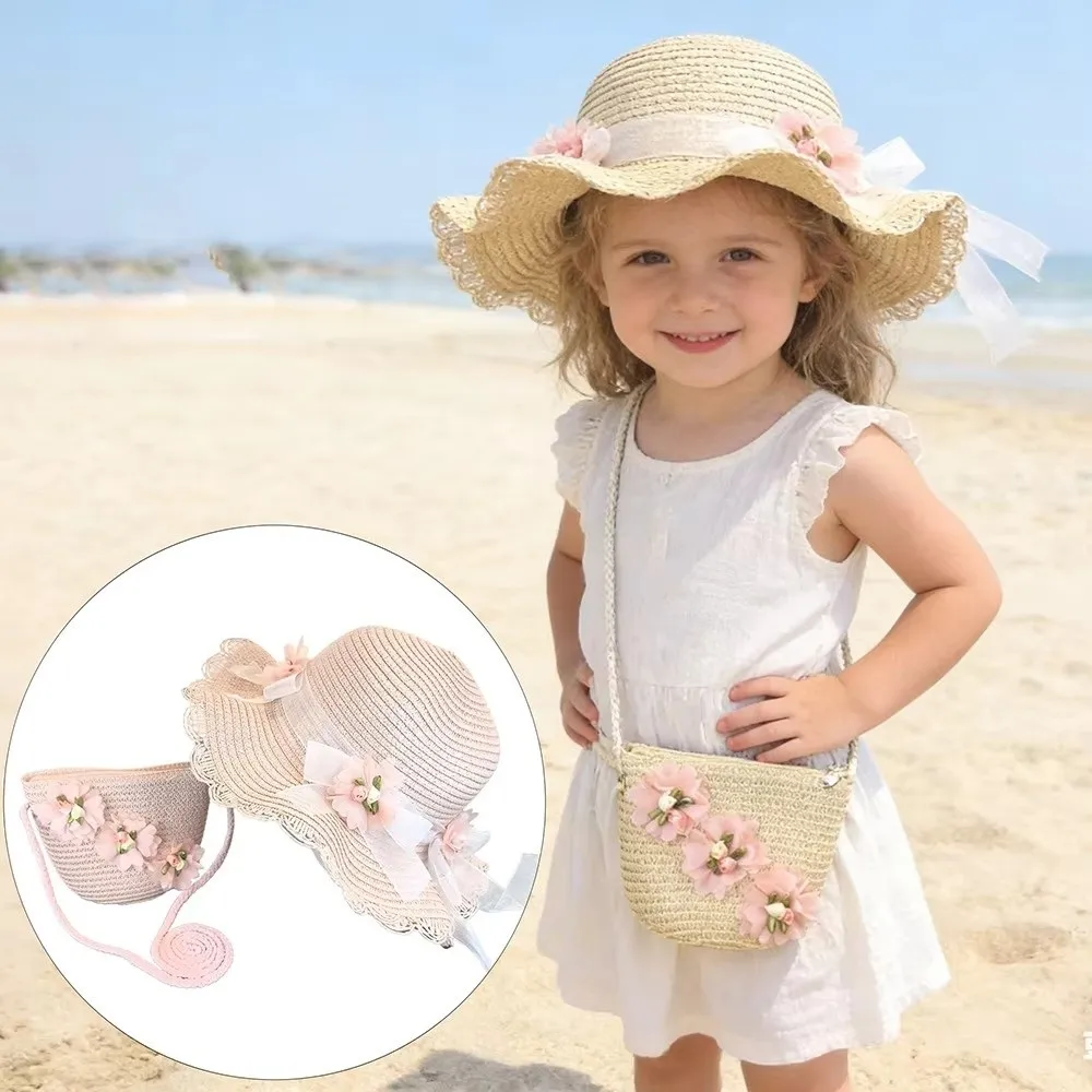 Sweet Floral Style Straw Hat Small Bag Set Casual Solid Color Sun Hat Fisherman Hat Fashion Accessory