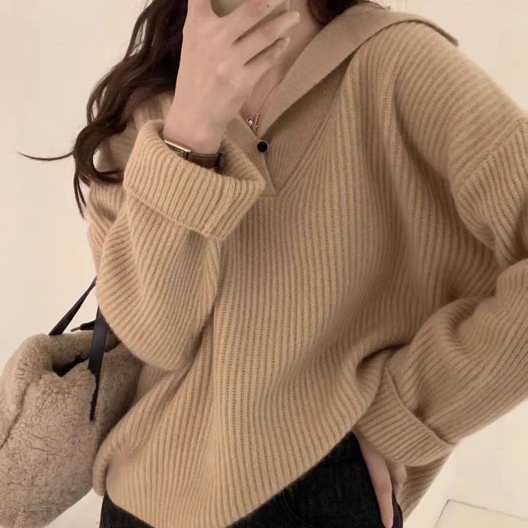 

Women's Lapel Sweater Zippers Fashion Winter 2025 Sweaters Solid Pullover Long Sleeve Casual Knitted Sweater Female Oversize Top