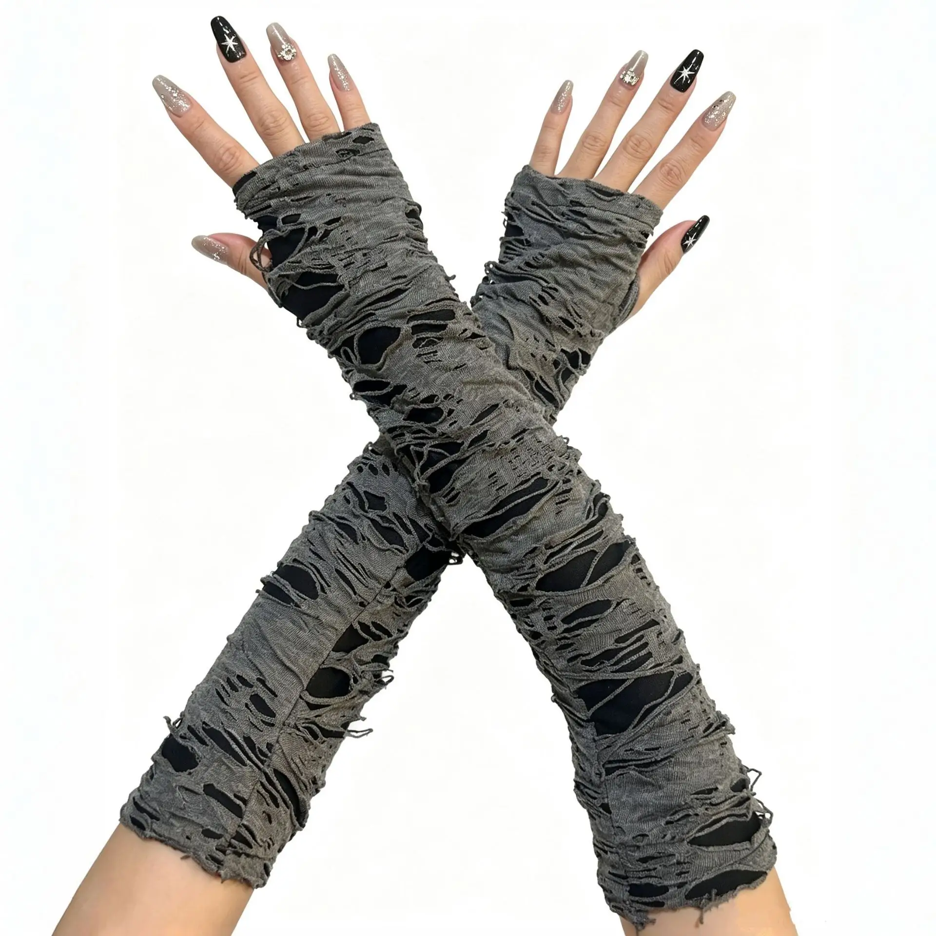 Fingerless Gloves Long Double Layer Ripped Distressed Arm Sleeves Subculture Beggar Halloween Lightweight Black Women Party Knit