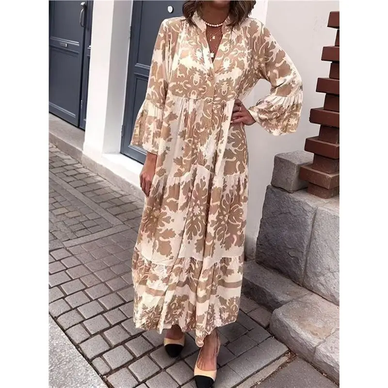 Kf quente-feminino elegante gola trompete manga impressa moda em camadas manga de três quartos maxi vestido