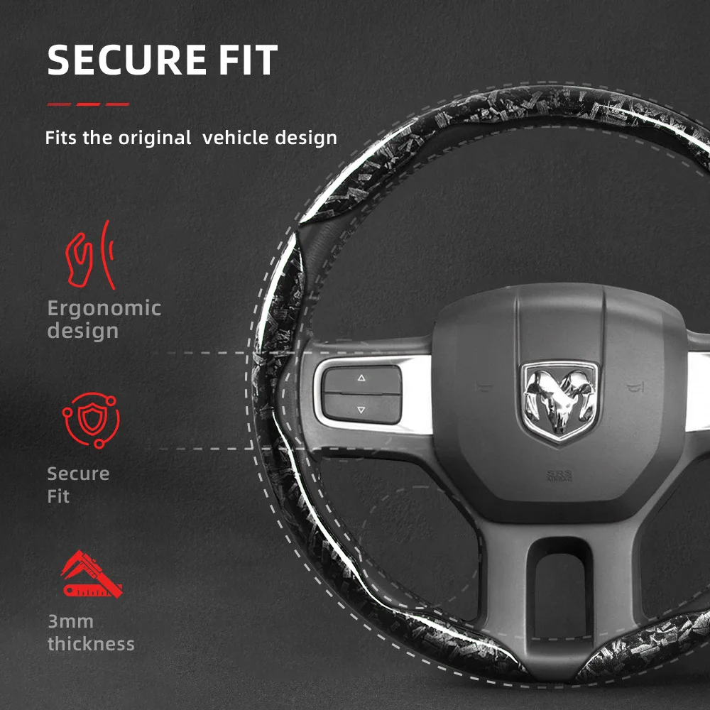Suitable for Ram Forged Carbon Fiber Texture Steering Wheel Cover, Durable Snap-On Quick Installation for Pickup Promaster Rampage 1500 2500 3500 4000 4500 5500 700 1000, Black, Red, Gold Car Interior Accessories