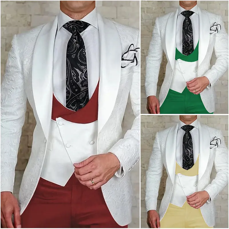 

Costume Homme White Floral Blazer Sets Men's Jacquard Suit Wedding Groom Tuxedo Jacket Pants Vest Formal Party Dress