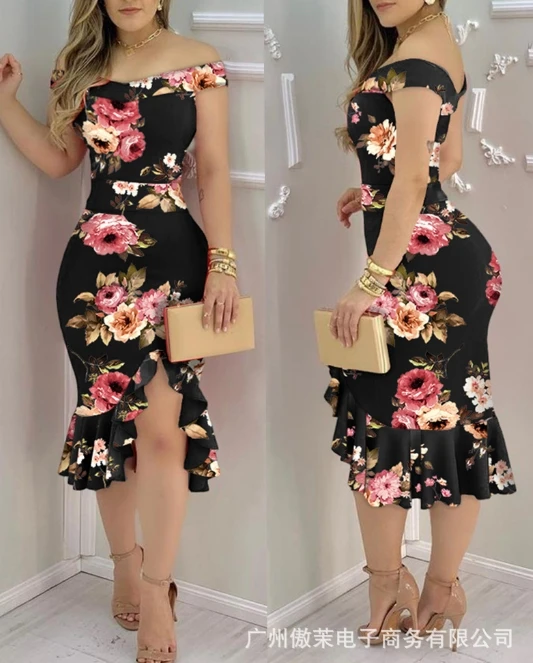 Women's Dress Summer Commuter Elegant Formal Dress Floral Print Off the Shoulder Bodycon Wrap Hip Split Midi Mermaid Dress