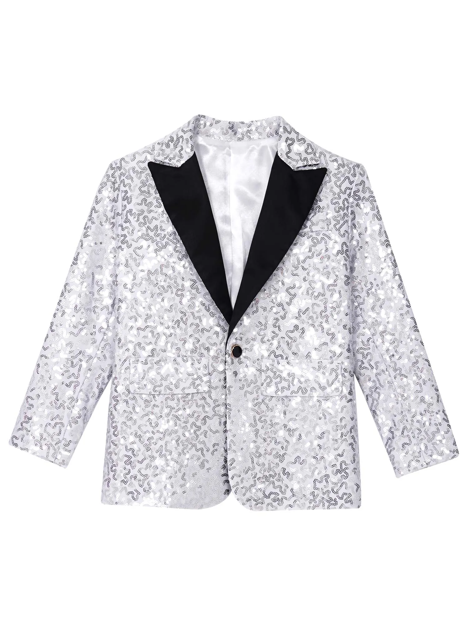 Teens Boys Long Sleeve Shiny Sequin Lapel Blazer Suit One Button Jacket Coat Wedding Birthday Party Stage Performance Tuxedo