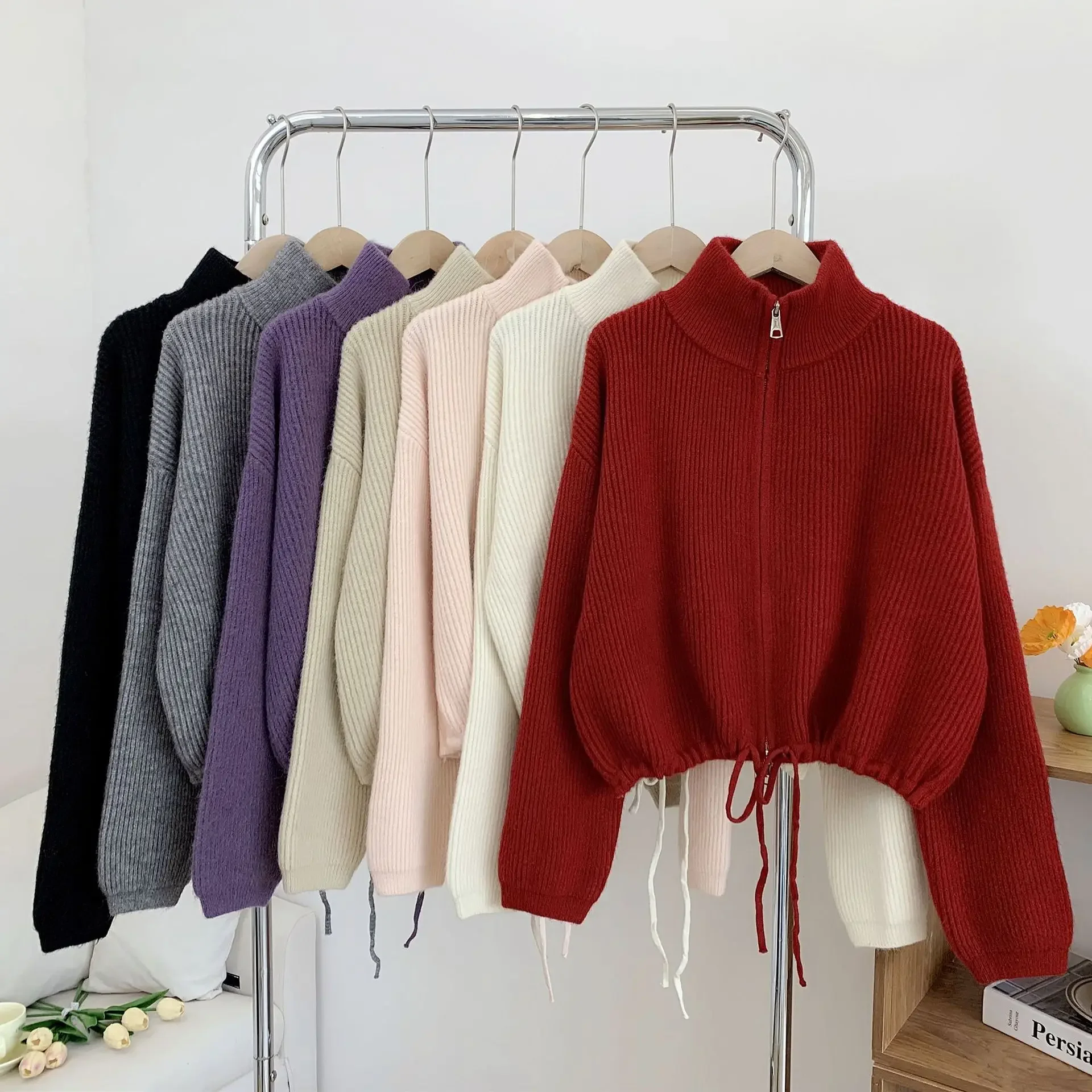 Cardigan Long Sleeve Turn Down Collar Sweaters Zipper Knitted Jumper Solid Loose Fit Draw String Casual Autumn 2024 Spliced